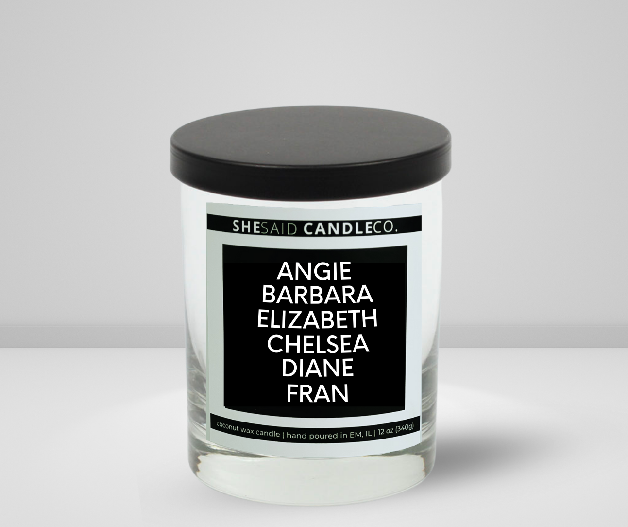 10oz clear white candle jar made by she said candle co labeled the girls