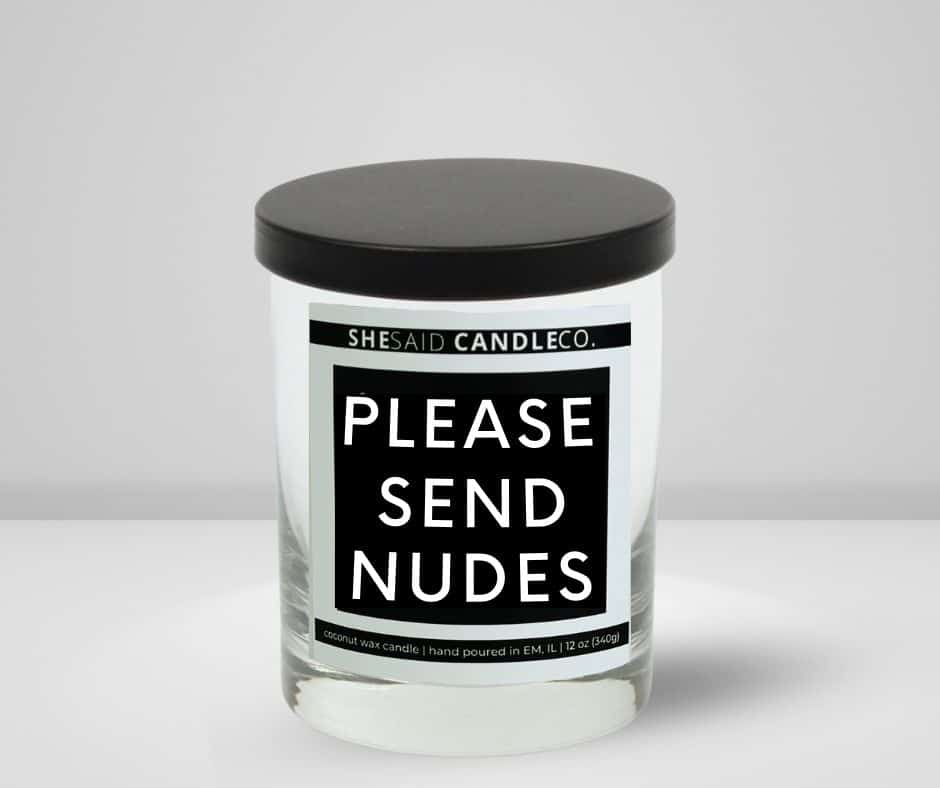 10oz matte white jar candle made by She Said Candle Co labeled Please Send Nudes