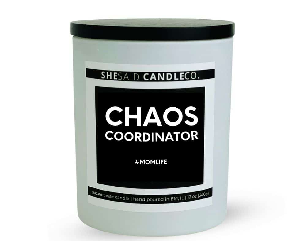 10oz matte white jar candle made by She Said Candle co labeled Chaos Coordinator